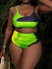 SHEIN Swim Curve 2 piezas Bikini dividido ajustable con estampado de talla grande, ropa casual de playa de verano con cordón
