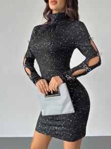 Firerie Elegante, romántico, de moda y sexy vestido de mujer con lazo y diseño calado, apropiado para fiestas, Navidad, vacaciones, regreso a clases, citas y bodas, vestido negro de manga larga y ajuste ceñido