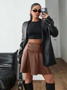 EURMUSE Women's Solid Color Waist Button Design PU Leather Short Skirt - Brown - View 4