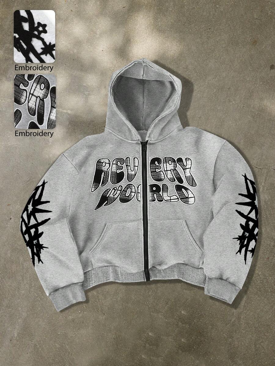 Manfinity EMRG sweat-shirt à capuche simple et décontracté pour homme avec fermeture éclair avant, manches longues et poche avec imprimé lettrage