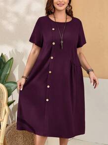 EMERY ROSE Đầm xanh cổ tròn tay ngắn cài nút rộng rãi cho nữ cỡ lớn có túi xẻ tà bên hông cho mùa xuân - Màu tím - Xem 3