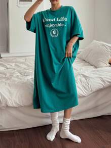 DAZY 字母印花短袖宽松女式休闲睡衣连衣裙 - 綠色 - 查看 6