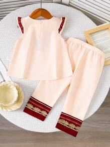 SHEIN 2pcs Baby Girls' Sleeveless Apricot & Red Floral Print Crop Top And Pants Set, Summer - Apricot - View 2