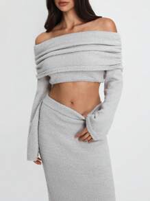 SHEIN Unity Women's Off-Shoulder Long Sleeve Cropped Sweater And Long Knitted Skirt Sexy 2 Pieces Set, Autumn/Winter - Light Grey - View 3