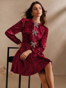 Anewsta Green Velvet Dress, Autumn Waisted - Hot Pink - View 5