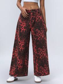 SHEIN Unity 牛仔效果随机豹纹混色休闲阔腿裤，适合年轻女性 - 彩色 - 查看 6