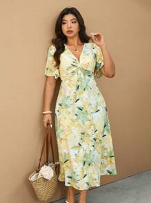 Elaquor Vestido de verano casual y elegante de talla grande con escote en V para vacaciones