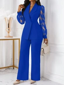 Xyvia 2pcs Women's Business Office Wear Embroidered Details Double-Breasted Fitted Blazer & Pants Set Fall Cloth For Women