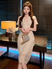 DAZY 女士纯色荷叶边短袖休闲修身连衣裙舞会礼服优雅太阳裙、婚礼礼服、返校服