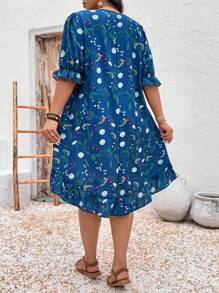 SHEIN LUNE Plus Size Women All-Over Floral Print Round Neck Ruffle Trim Short Sleeve Midi Dress