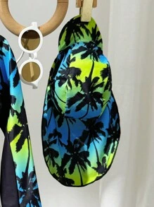 SHEIN Young Boy Long Sleeve Tropical Palm Tree Print Swimsuit With Sun Hat, Beachwear For Boys, Suitable For Summer Vacation, Beach, Swimming - Multicolor - View 5