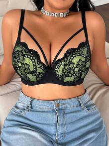 1pc Plus Size Lace Contrast-Color Underwire Lingerie Bra