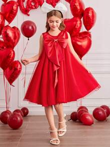 Tween Girl Red Fancy Bow Mesh Dress For Valentine's Day - Red - View 3