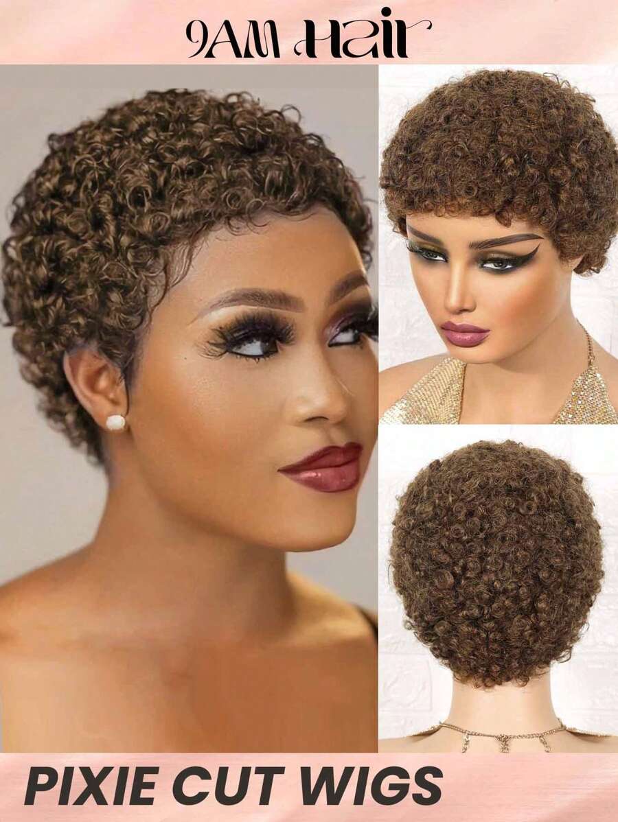 Short Afro Curly Pixie Cut Human Hair Wigs Real Affordable Hair Replacement Wig Cheap Daily Use Wig For Beginner Friendly Wear To Go Brown Color - S4 - View 1