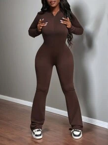 Slaydiva Conjunto de pantalón acampanado y sudadera con capucha de manga larga de ajuste ceñido, unicolor casual y versátil, para otoño/invierno