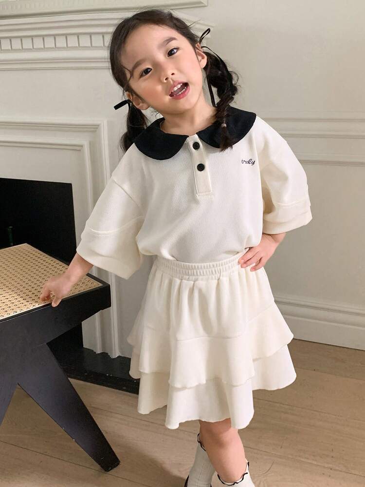 2pcs/Set Young Girl Young Girl Summer Clothes, Doll Face Splicing Letter Embroidery Short Sleeve T-Shirt + Skirt