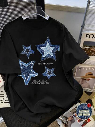 SHEIN Sparklyn Camiseta de verano informal para adolescente con estampado de pentagrama y lema