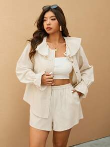 Elaquor Plus Size Solid Color Ruffle Trim Long Sleeve Blouse & Shorts 2pcs Set, Vacation Casual - Apricot - View 7