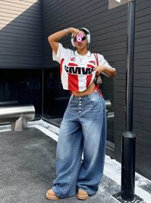 POPSWAY Plus Size Women Vintage Washed Street Style Distressed Denim Jeans - Medium Wash - View 4