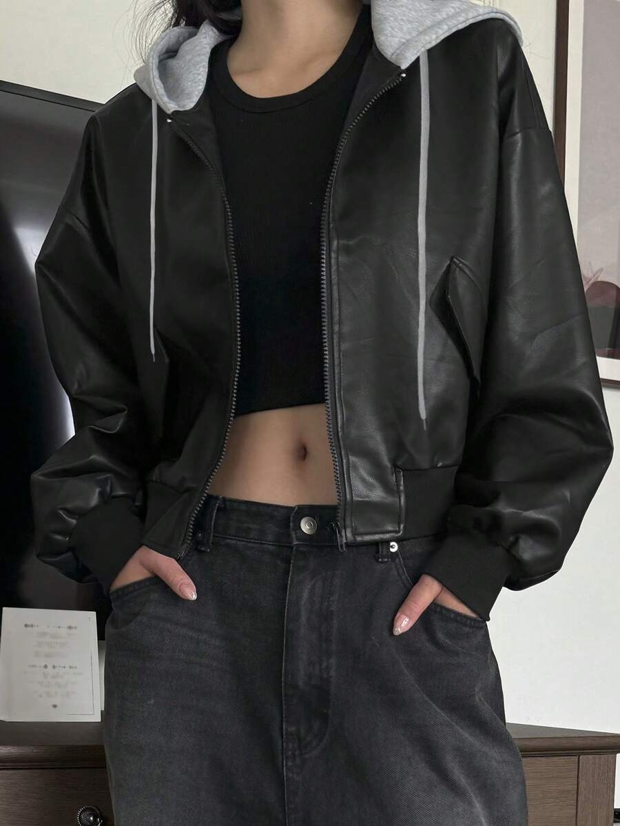 DAZY Women's Casual Contrast Color Dropped Shoulder Long Sleeve Zipper Front Hooded Loose Jacket, Spring And Autumn Leather Jacket