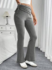 SHEIN LUNE Women's Thickened Flared Pants With Drawstring Waist, Grey, Winter/Spring - Grey - View 5