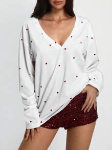 SHEIN Unity Áo thun cổ chữ V in họa tiết trái tim ngọt ngào, chủ đề ngày lễ tình nhân - trắng - Xem 3