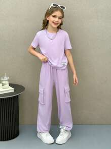 SHEIN Conjunto de top de manga corta de cuello redondo y pantalones de chándal informales para niñas preadolescentes
