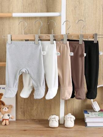 SHEIN 5 Pcs/Set Newborn Baby Boy/Girl Casual Cute Versatile Solid Color Elastic Knit Footless Pants Bodysuits