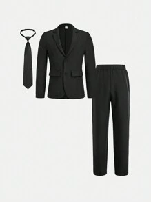 SHEIN Leap Crew Young Boy Solid Color Lapel Neck Single-Breasted Long Sleeve Jacket & Pants Casual Gentleman Suit Set, Autumn - Black - View 1