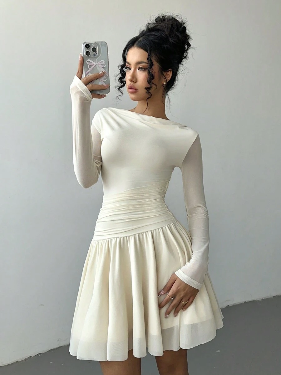 Elenzga 优雅的春夏飘逸透明派对鸡尾酒会礼服，适合正式场合 - 杏色 - 查看 1