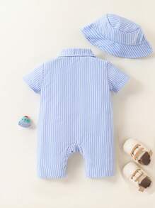 SHEIN Playful Pals 男婴休闲条纹刺绣连体衣带帽衣服，适合春夏季外出、日常穿着、学院风 - 藍色 - 查看 2