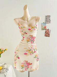Soleia 花卉印花吊带紧身女士节日连衣裙，适合约会、情人节、下午茶 - 彩色 - 查看 6