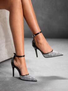 CUCCOO SZL Sandalias de tacón alto y con puntera de rhinestone y recortes calados para mujer, tacones altos formales negros para boda y fiesta, zapatos de primavera