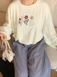 FRIFUL Women's Round Neck Long Sleeve Floral Embroidered Print T-Shirt, Autumn