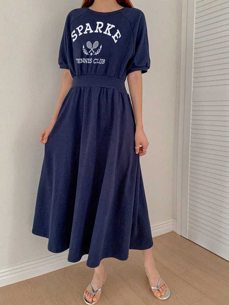 Women Letter Print Waist Cinched Hoodie Dress, Mid-Calf Length