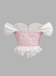 SHEIN Top con struttura a corsetto, scollo a spalle scoperte, volant sul fondo, in tessuto jacquard, elegante per ragazze, adatto per primavera/estate