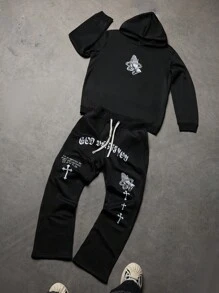 Manfinity EMRG Men's Prayer Hand Print Hoodie & Sweatpants Casual Suit Set - Black - View 1