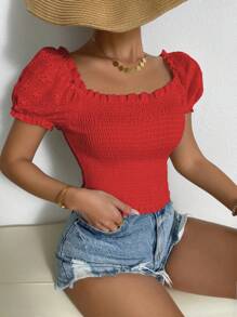 Chiquease Blusa casual de manga corta con volantes en el dobladillo, de unicolor, para uso diario