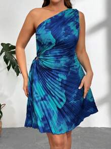 Firerie Plus Size Elegant Tie-Dye Print Pleated One-Shoulder Dress - Multicolor - View 4
