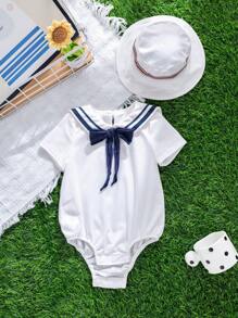 SHEIN 2-częściowy zestaw body niemowlęcego chłopięcego, ślicznego, swobodnego, dzianinowego z muszką i czapeczką, odpowiedni na przyjęcie urodzinowe, ceremonię, wesele, baby shower