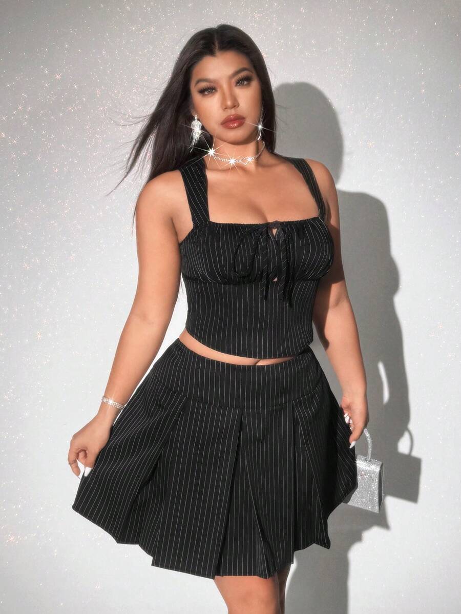 Viva Relle Plus Size Strappy Tie Front Top And Skirt 2 Pieces Set, Valentine - Black - View 1