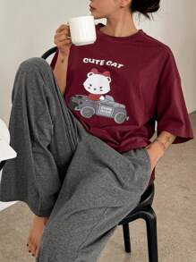 DAZY Cartoon Print Loose Women Pajamas Set - Burgundy - View 1