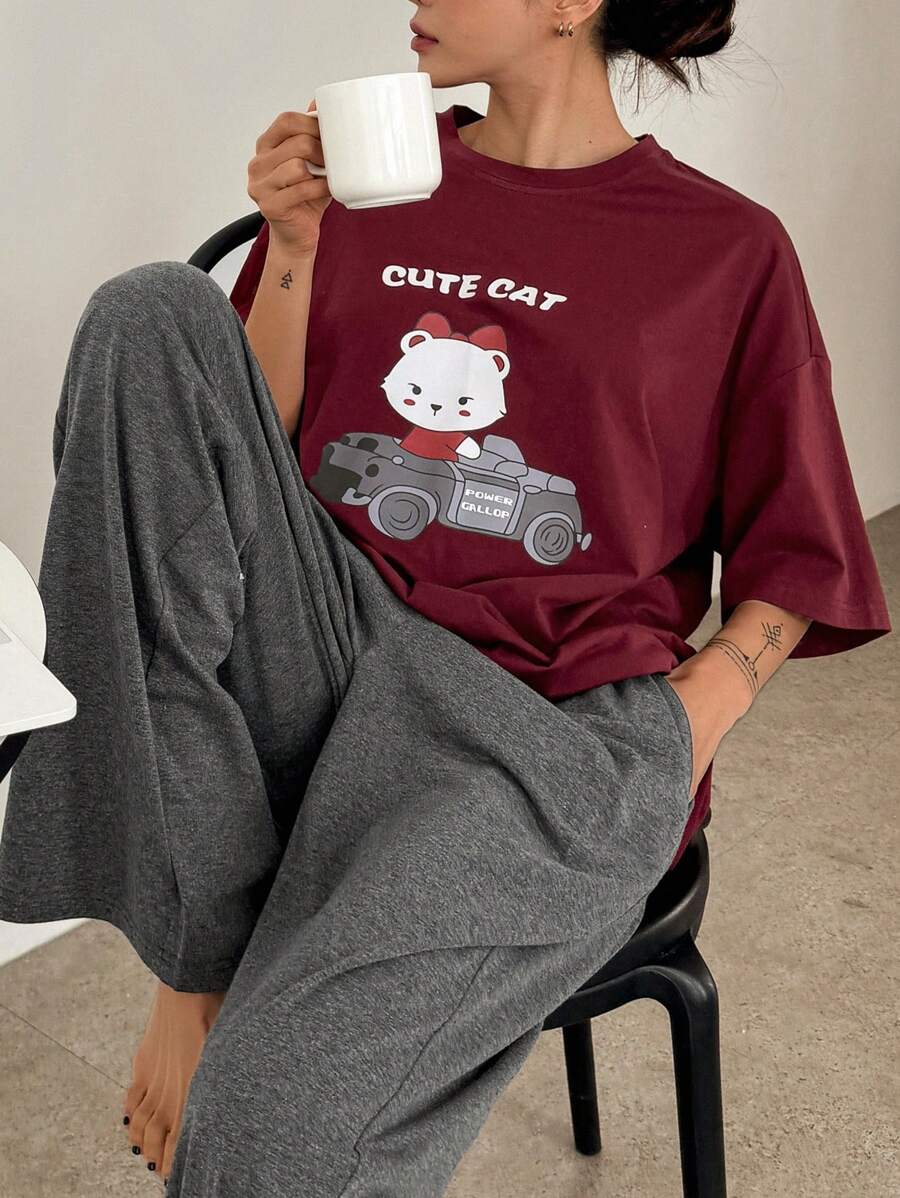 DAZY Cartoon Print Loose Women Pajamas Set - Burgundy - View 1
