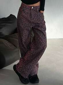 DAZY 春季女士宽松休闲豹纹牛仔裤猎豹印花 - 粉色 - 查看 4