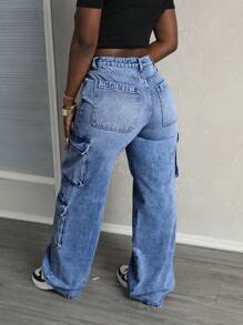 SHEIN Tall Asymmetric Waist Washed Denim Jeans With Cargo Pockets
