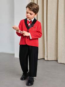 Young Boy Color Blocking Casual Gentleman Style Outfit - Shirt And Pants Set - Red - View 3