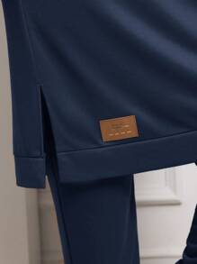 Mulvari Plus Size Solid Color Hooded Sweatshirt And Pants Casual Sportwear Set 2 Pieces Set - Navy Blue - View 6