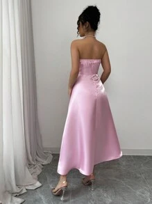Elenzga Solid Color Halter A-Line Mid-Long Rhinestone Embellished Elegant Dress For Women, Valentine's Day - Pink - View 2