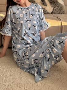 SHEIN Leap Crew Teen Girls Lovely Simple Floral Pattern Lace Trim Ruffle Hem Nightgown - Baby Blue - View 1