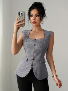 Chiquease Blusa elegante y versátil para mujeres con cuello cuadrado, sin mangas, ajustada a la cintura, de tweed